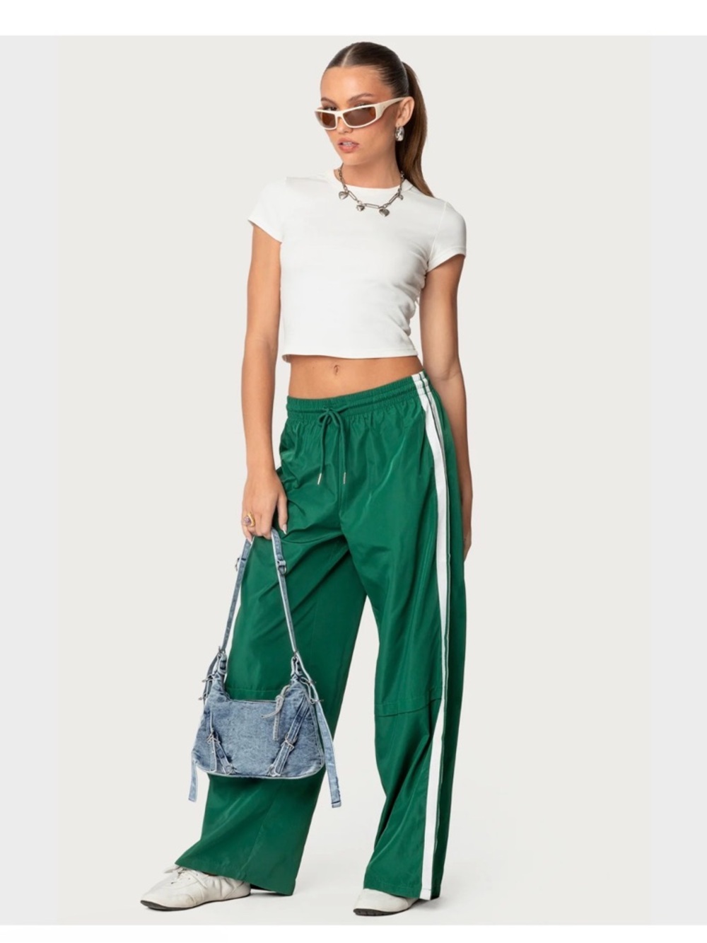 Edikted Green Wide-Leg Track Pants with White Side Stripe